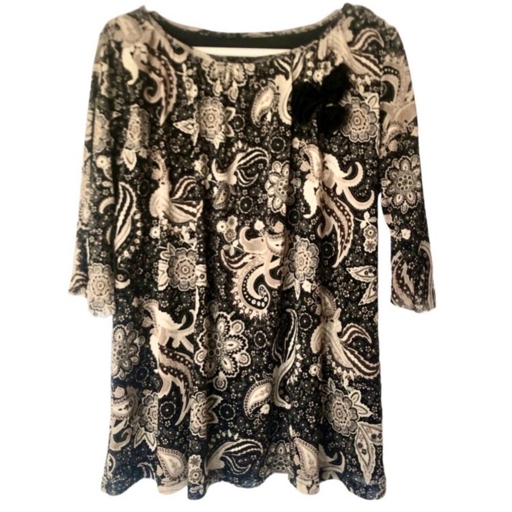 Paisley Blouse Half Sleeve Black White and Tan with Flower Embellishment